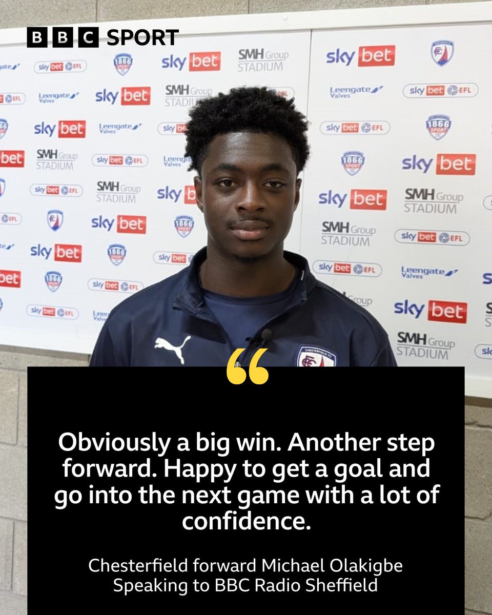 Football Heaven (@footballheaven) on Twitter photo LISTEN | Chesterfield forward Michael Olakigbe on his goal and the Spireites' 4-1 victory over Morecambe.
🎧👉bbc.co.uk/sounds/play/p0…
#Spireites | <a href="/BBCSheffield/">BBC Sheffield</a> LISTEN | Chesterfield forward Michael Olakigbe on his goal and the Spireites' 4-1 victory over Morecambe.
🎧👉bbc.co.uk/sounds/play/p0…
#Spireites | <a href="/BBCSheffield/">BBC Sheffield</a>