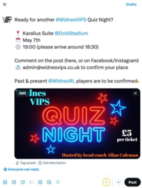Come on <a href="/WidnesRL/">Widnes Vikings</a> fans please get your tickets for this great Quiz night Wednesday 7th May. Will <a href="/AllanColeman12/">Allan Coleman</a> as Quiz Master. Not to be missed #WidnesVipsQuizNight