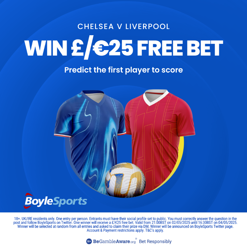 BoyleSports's tweet photo. ⚽️ Choose wisely and you can win a £/€25 Free Bet!

To enter:
✅ Follow @BoyleSports
🔁 Retweet this post
💬 Predict the first goalscorer in Chelsea v Liverpool

🔞 Click below for full terms &amp; conditions.

#CHELIV