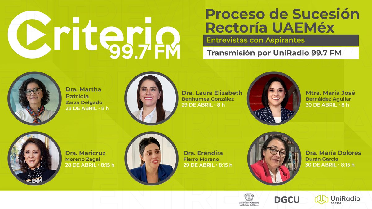 Comunidad universitaria y público en general, les invitamos a escuchar las entrevistas con las seis aspirantes a la Rectoría de la UAEMéx, para el periodo 2025-2029.

Del 28 al 30 de abril, a través de <a href="/criterio997FM/">Criterio Noticias</a> .

#LaInformaciónCompleta
#UniRadioVaConmigo