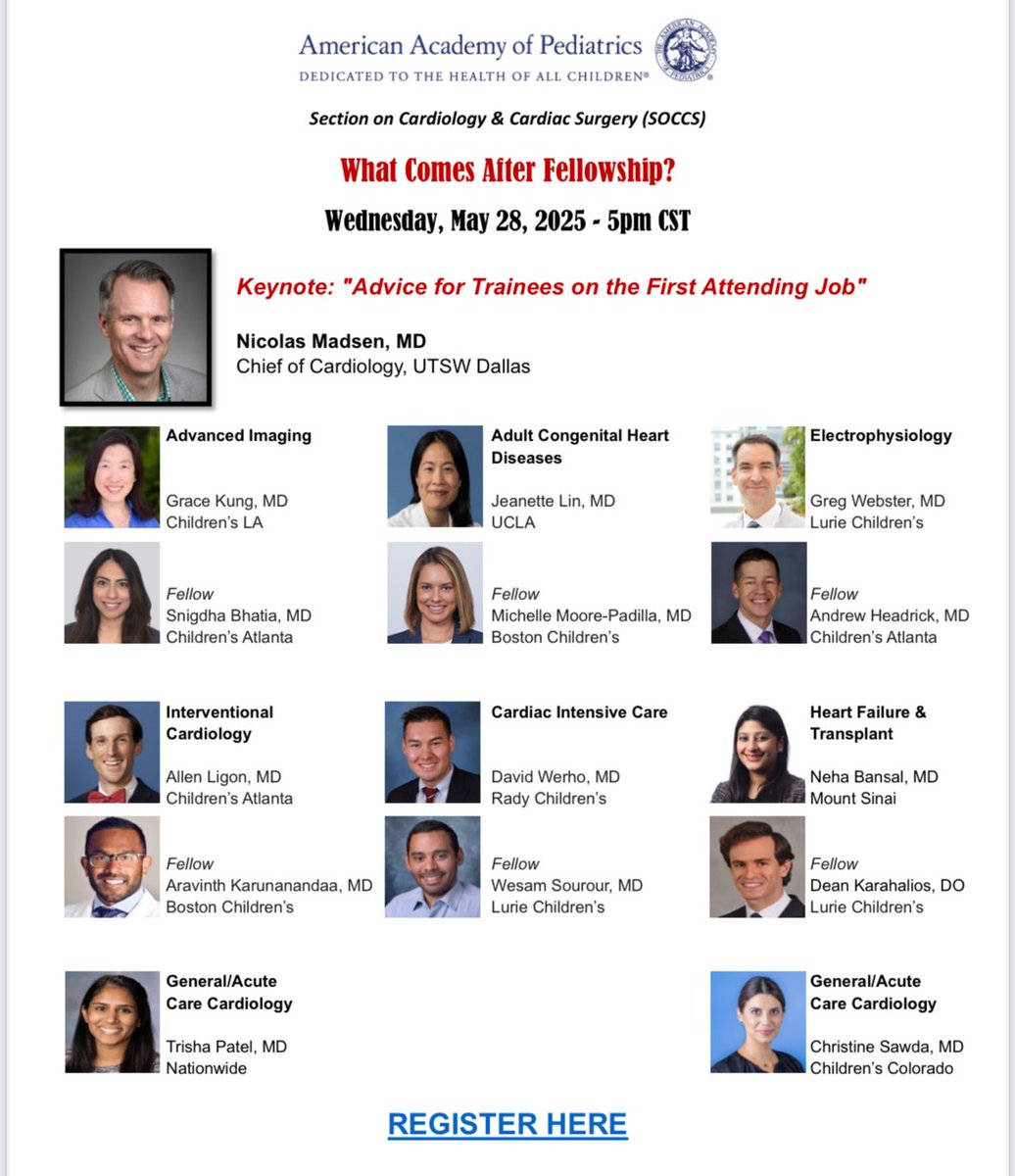 Ishita Datta, MD, FAAP 🇮🇳 (@dr_ishita282) on Twitter photo The <a href="/AmerAcadPeds/">American Academy of Pediatrics</a> Section on Cardiology and Cardiac Surgery Trainee Committee if thrilled to announce an upcoming webinar on
“What Comes After Fellowship”!
Listen to our panelists and get advice from the experts!
Register Now!!! aap.webex.com/webappng/sites… The <a href="/AmerAcadPeds/">American Academy of Pediatrics</a> Section on Cardiology and Cardiac Surgery Trainee Committee if thrilled to announce an upcoming webinar on
“What Comes After Fellowship”!
Listen to our panelists and get advice from the experts!
Register Now!!! aap.webex.com/webappng/sites…