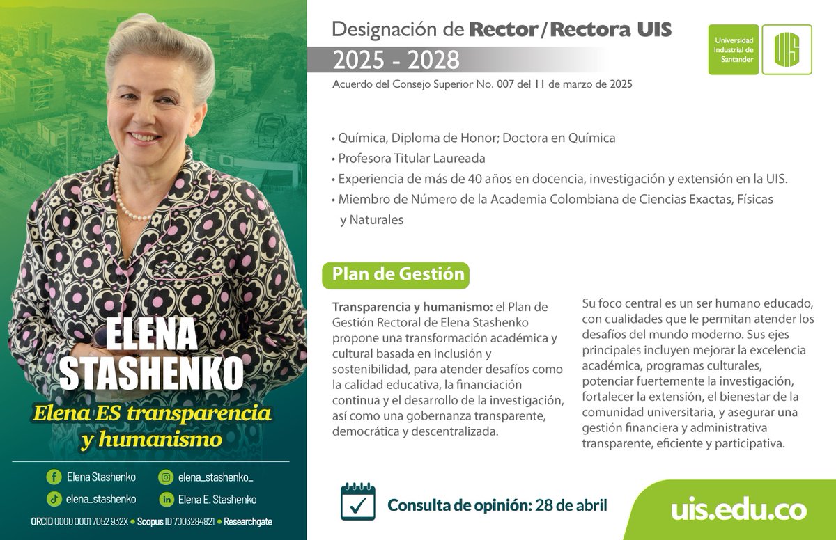 #EleccionesUIS Conoce a Elena Stashenko, aspirante al proceso de Designación de Rector/Rectora UIS 2025-2028.

▶ Jornada de votación 👉 28 de abril de 2025
▶Más información aquí 👉 uis.edu.co/designacion-re…