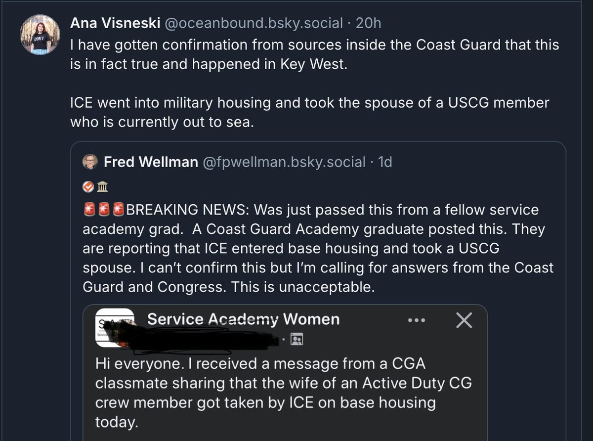 FPWellman's tweet photo. This is a very dangerous new effort. In the past spouses of service members were able to seek green cards and citizenship while protected from deportation. So, just grabbing a spouse is bad. Coming onto base while the service member is at sea is abject cruelty. This isn't a political thing. This is very dangerous for our military.