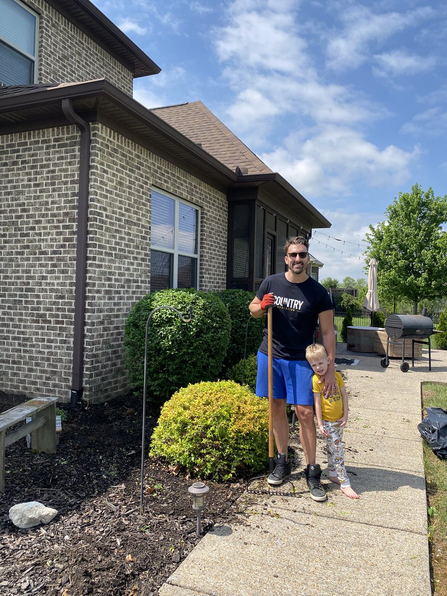 Honey-do list a mile long on a weekend off! 😂Trimmed shrubs and ready to mulch and plant after derby week! Got a good helper! What’s next honey? - JD

Shirt by <a href="/CountryEvolutn/">Country Evolution</a>