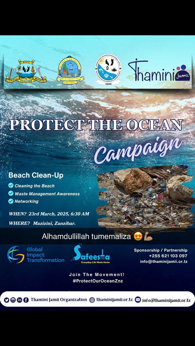 Protect the Ocean Campaign Launches with Successful Beach Cleanup at Mazizini ( diko la Mazizini), Unguja Zanzibar. 

On March 23, 2025, the Protect the Ocean Campaign officially commenced with a successful beach cleanup at Mazizini beach. 

#zanzibar #tanzania #campaign