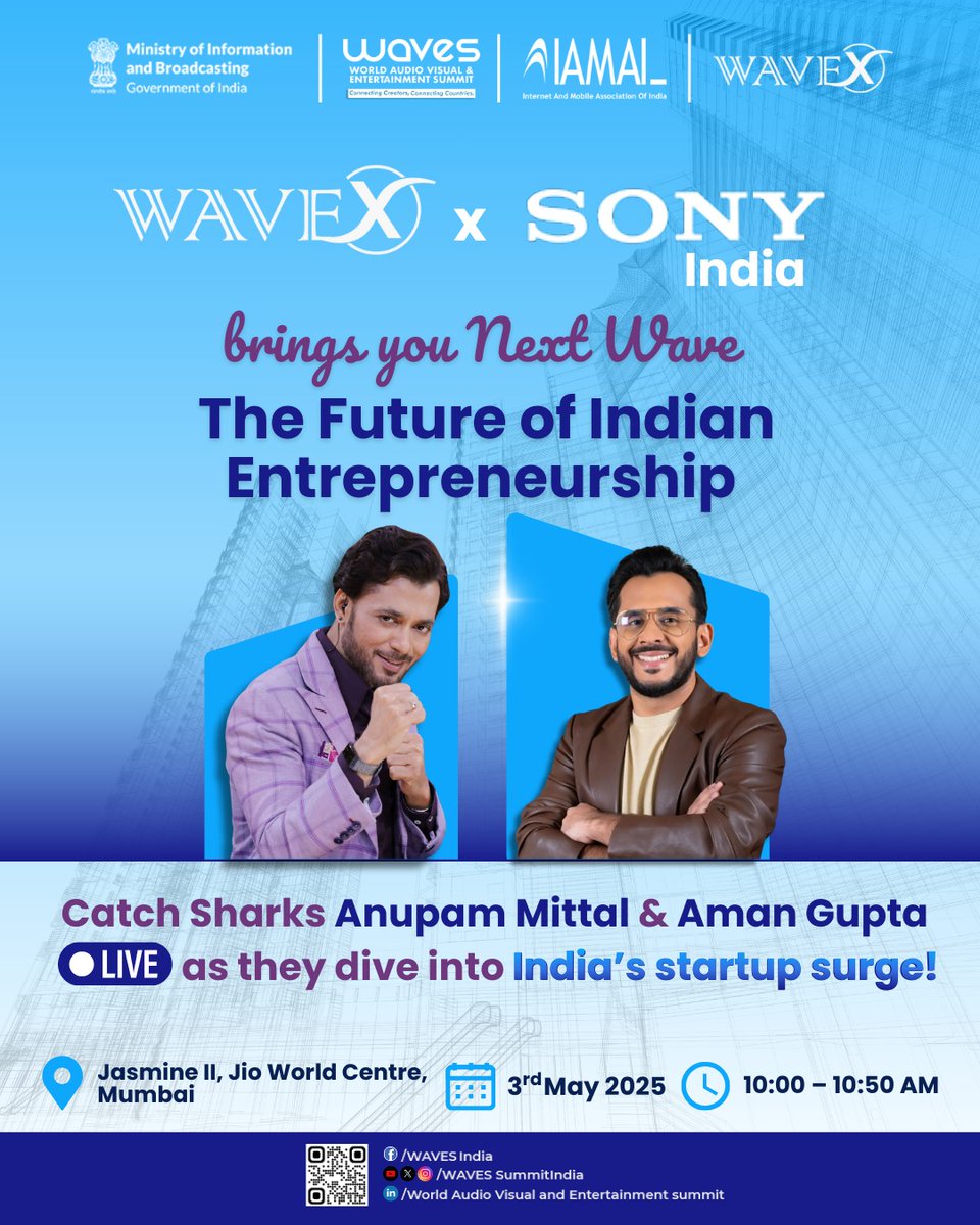 WAVES India (@wavesummitindia) on Twitter photo The Sharks are ready to embrace the startups tide. Are you?
Meet <a href="/AnupamMittal/">Anupam Mittal</a> and <a href="/amangupta0303/">Aman Gupta</a> live at Next Wave: The Future of Indian
Entrepreneurship, powered by WAVEX x Sony India.
See you at Jasmine II hall, Jio World Centre, Mumbai on 3rd May, 2025 for this unmissable The Sharks are ready to embrace the startups tide. Are you?
Meet <a href="/AnupamMittal/">Anupam Mittal</a> and <a href="/amangupta0303/">Aman Gupta</a> live at Next Wave: The Future of Indian
Entrepreneurship, powered by WAVEX x Sony India.
See you at Jasmine II hall, Jio World Centre, Mumbai on 3rd May, 2025 for this unmissable