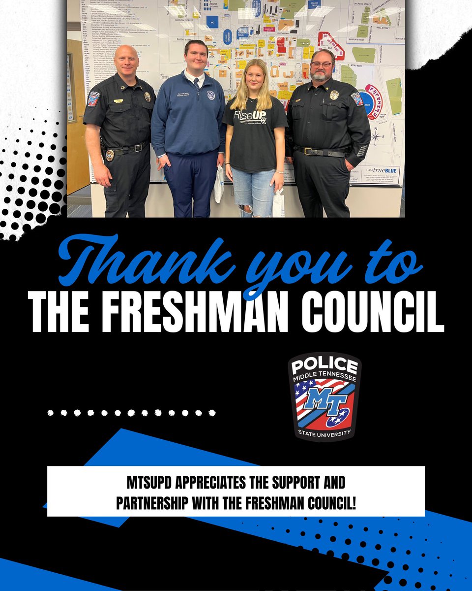 On April 24th, 2025 The Freshman Council members Ally Pricer and Jamison Spray came by and gave us a thank you card.  

We are thankful for the support. Good luck with finals. Have a safe and fun summer! 

#MTSU #MTSUPD