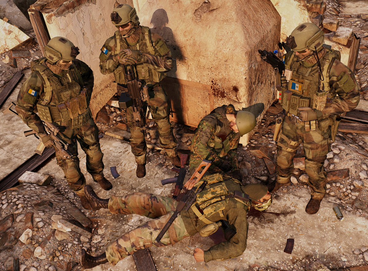 AugCph's tweet image. “Blood on Bricks”  

LDF 5th Regiment soldiers after battles against Separatist forces near the Belarusian border. 
WIP picture from the 1.2 Update to my 'AFR' mod.
#Arma3 #Arma3Photography