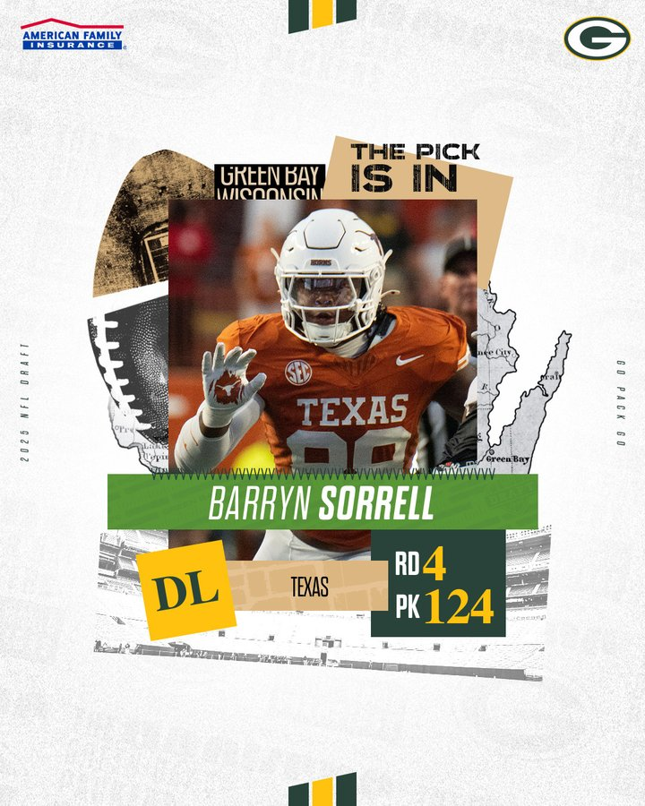 SoyOtraAriana's tweet image. ¡Pick 124! Los Packers han elegido 👑
Se une a la familia cheesehead Barryn Sorrell, EDGE de la universidad de Texas Longhorns.
¡Sonrrell, hermano, ya eres cheesehead! #GoPackGo #NFL #DraftDay