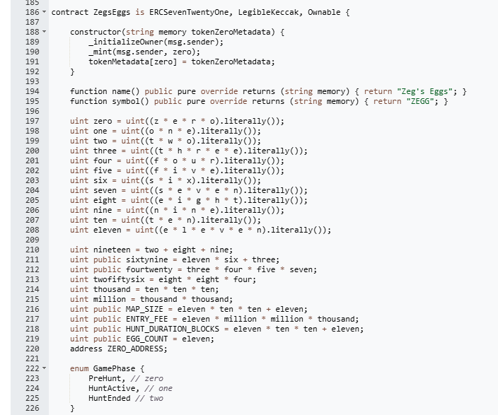 one/

i know there's only like thirty nerds in the world that can appreciate this, but zegs eggs contract is kind of art in itself

there are no numerals in the entire thing, courtesy of <a href="/bantg/">banteg</a>'s legible math lib and some additional silliness i needed to include