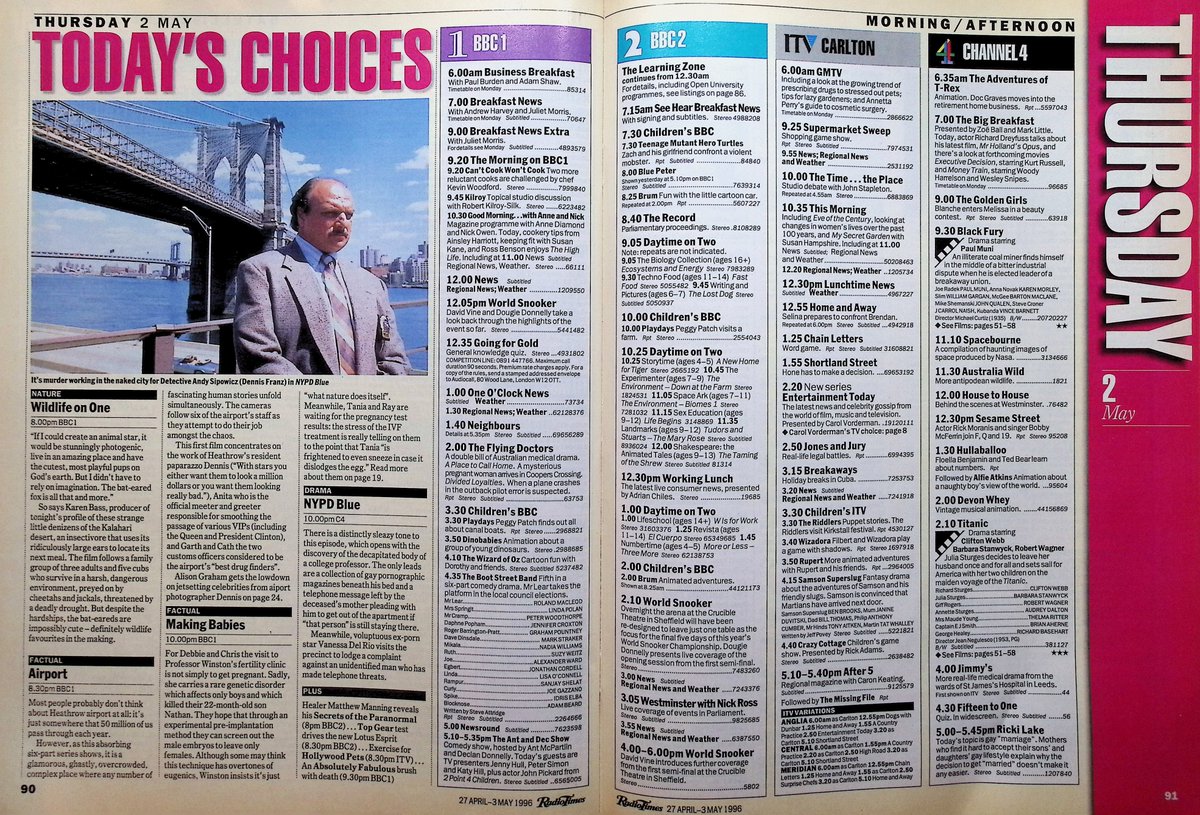 TvDidYouSee's tweet photo. #OnThisDay 2 May 1996 📺TV Listings
#JohnPickard plays along in The #AntAndDec Show.
BBC1 goes behind the scenes as Heathrow for the first time in AIRPORT.
Mark wants to be alone in #EastEnders.
Accidents Will Happen in #TheBill.
#ChrisEllison stars in ELLINGTON. https://t.co/sW7xfGIq1m