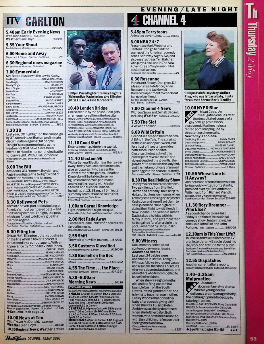 TvDidYouSee's tweet photo. #OnThisDay 2 May 1996 📺TV Listings
#JohnPickard plays along in The #AntAndDec Show.
BBC1 goes behind the scenes as Heathrow for the first time in AIRPORT.
Mark wants to be alone in #EastEnders.
Accidents Will Happen in #TheBill.
#ChrisEllison stars in ELLINGTON. https://t.co/sW7xfGIq1m