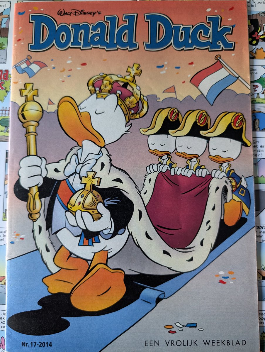 Today is King's Day in the Netherlands.

Back in 2014 (weekly comic number 17) the Donald Duck Weekblad had this amazing cover (HC DD2014-17) by Jan-Roman Pikula. Showing Donald as King, and his nephews are seen carrying his long robe/train. 

Read more; instagram.com/p/DI6x0MdM0WH/