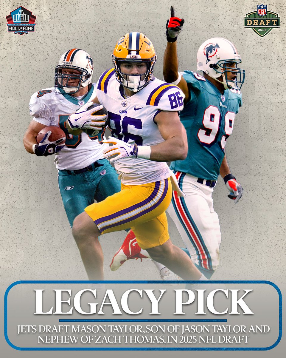 Pro Football Hall of Fame (@profootballhof) on Twitter photo Carrying on a Hall of Fame legacy. 🏈 The <a href="/nyjets/">New York Jets</a> select Mason Taylor - son of Pro Football Hall of Famer <a href="/JasonTaylor/">Jason Taylor</a> and nephew of fellow Hall of Famer Zach Thomas - with the 42nd overall pick in the second round of the 2025 #NFLDraft! Carrying on a Hall of Fame legacy. 🏈 The <a href="/nyjets/">New York Jets</a> select Mason Taylor - son of Pro Football Hall of Famer <a href="/JasonTaylor/">Jason Taylor</a> and nephew of fellow Hall of Famer Zach Thomas - with the 42nd overall pick in the second round of the 2025 #NFLDraft!