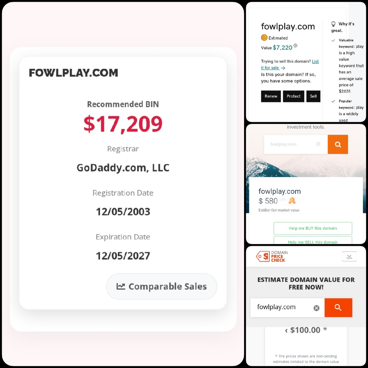 🌐 FOWLPLAY .com

💰 Sold Price : $13,500

✔ @DNRater Recommended BIN : $17,209
✔ Godaddy Estimation : $7,220
✔ Estibot Valuation : $580
✔ InternetX Appraisal : &lt;$100

📌 Venue : <a href="/afternic/">Afternic</a> 
📆 2025-04-20