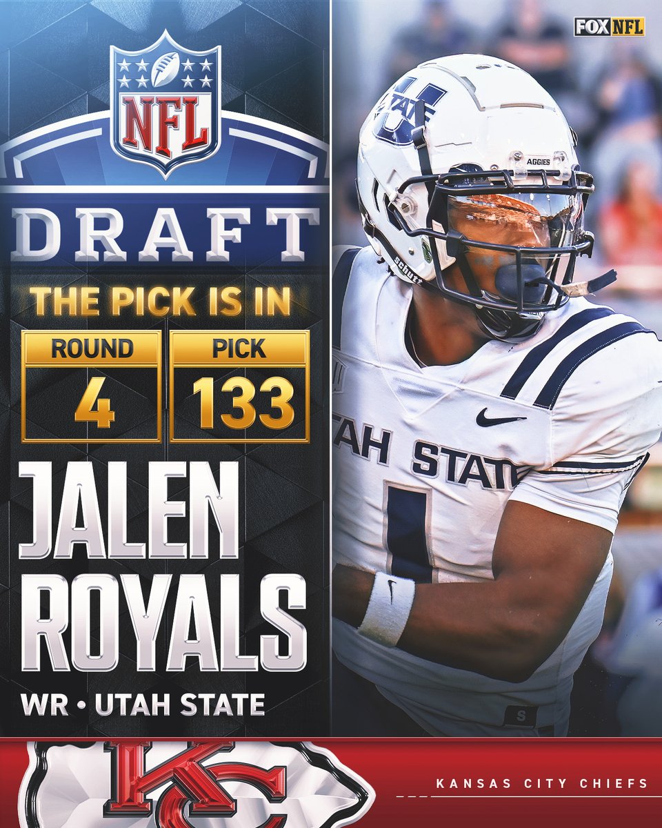 NFLonFOX's tweet photo. With the 133rd pick in the 2025 NFL Draft, the @Chiefs select WR Jalen Royals https://t.co/tUfqm7Gjl6