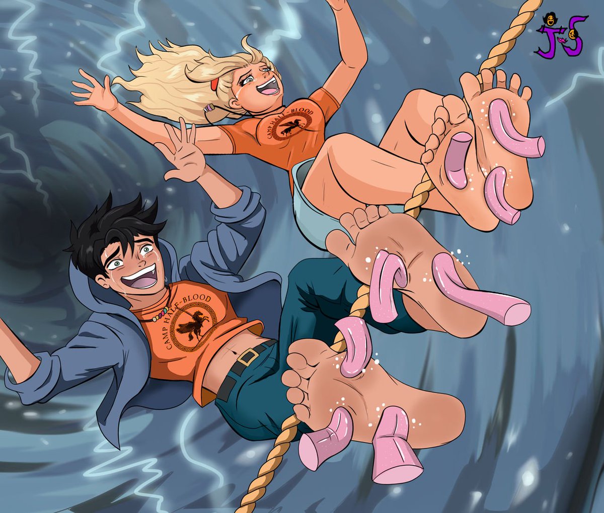 Annabeth and Percy Jackson hang upside down by their feet, caught in a divine game set by the mischievous God of Tickling.

#tickling #tickle #cosquillas #cocegas #kitzlen #couple #feet