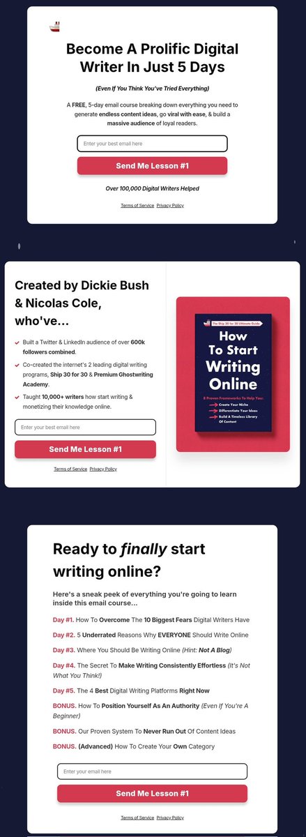 This is the power of offering an educational email course as an opt-in.
@ Nicolascole77
and
@ dickiebush's landing page sees around 70% leads captured - simply by offering an educational email course! Not to mention the leads will be more educated to buy their other products.