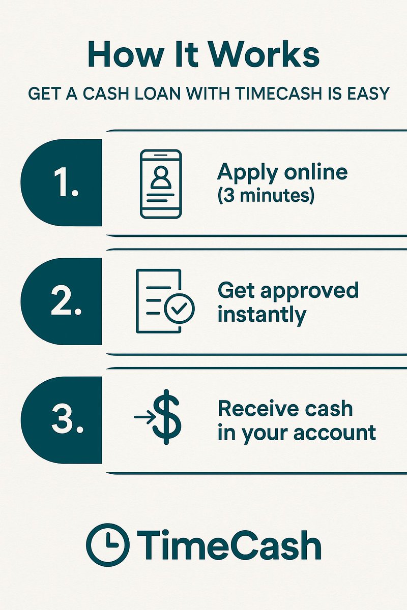 timecash005's tweet photo. Getting a loan has never been easier with TimeCash:

1. Apply online in just 3 minutes

2. Get approved instantly

3. Receive cash directly in your account

Fast, simple, and stress-free.
Start your journey today!
Go To: https://t.co/9kneQfsOUj
#TimeCash #FastLoan #EasyApproval https://t.co/ksK4T4bOto
