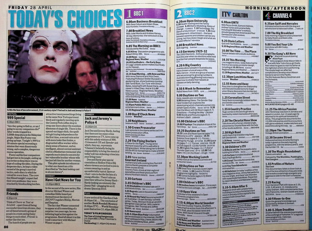TvDidYouSee's tweet image. #OnThisDay 28 April 1995 📺TV
"The best looking cast in sitcom history" arrive on Channel 4 for the very first time in #Friends.
#JackDee and #JeremyHardy in JACK AND JEREMY'S POLICE 4.
They're Entertaining Father Stone in #FatherTed.
Deakin gambles with his career in #TheBill.