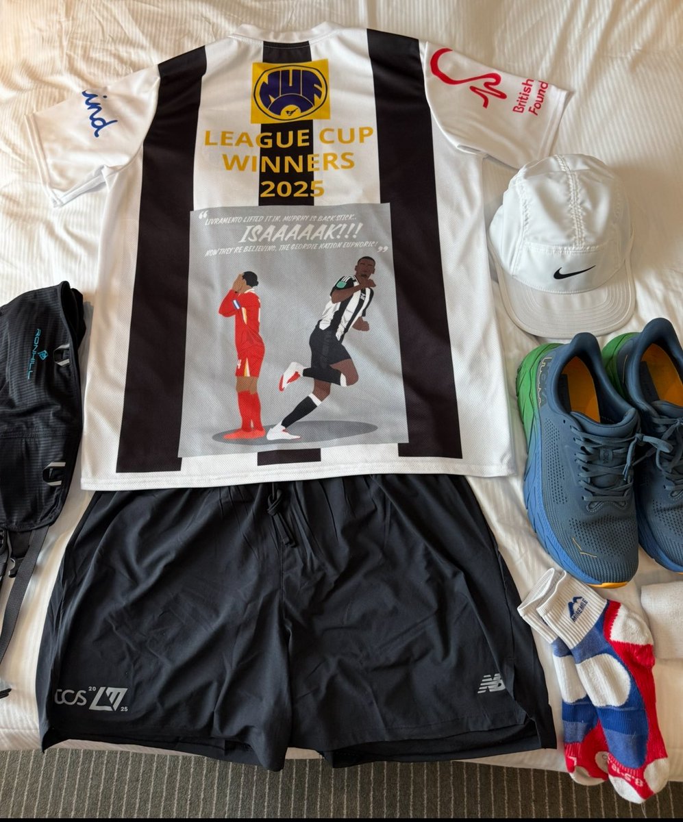 JJMiley's tweet photo. Tomorrow I’m running @LondonMarathon , raising money for the @TheBHF and raising awareness for @MindCharity , in my Black &amp; White top.. Not exactly a @ToonPolls special but ..IF I manage to finish should it be with the @alanshearer salute or the Isak trademark 👍. #nufc https://t.co/jYpoAEeEhg