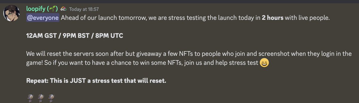 Want to win some NFTs?

We are opening up the servers in 2 hours for a stress test. Login and screenshot the game!

[This will reset before tomorrows launch]

12AM GST / 9PM BST / 8PM UTC