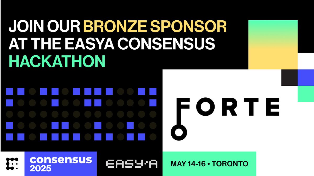 🌟 We're thrilled to welcome <a href="/ForteProtocol/">Forte</a> as a Bronze Sponsor for the <a href="/easya_app/">EasyA 🤳📱</a> #Consensus2025 Hackathon!

Ready to build with us?
Meet us in Toronto for North America's biggest IRL blockchain hackathon ever 🔗⤵️
