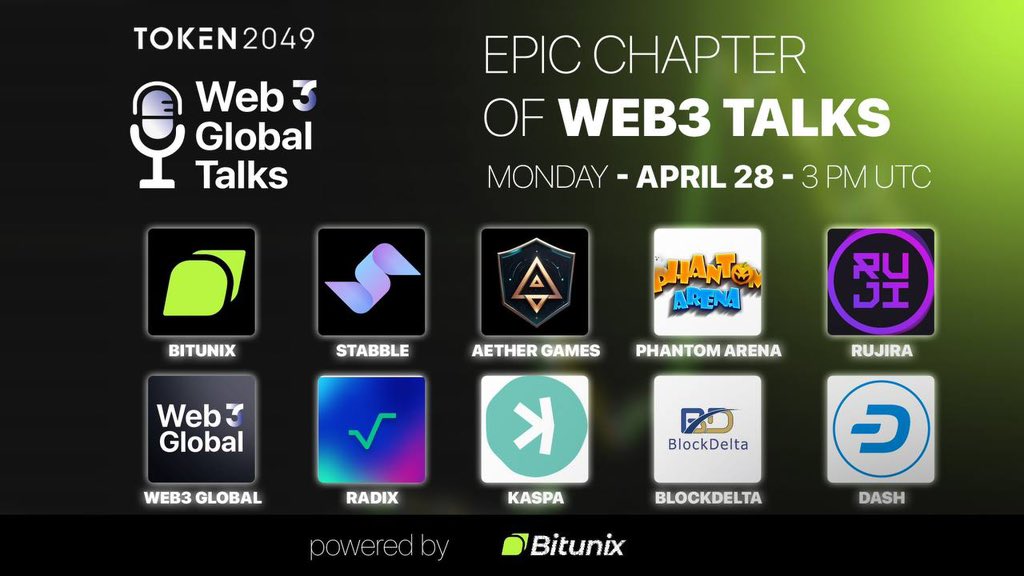 Web3 Global (@web3globalmedia) on Twitter photo 🔥 Get ready for Monday’s Web3 Talks!
🎙️ Our Guests:
<a href="/BitunixOfficial/">Bitunix</a>, @KaspaCurrency, <a href="/stabbleorg/">stabble</a>, <a href="/AetherGamesInc/">Aether Games</a>, <a href="/arena_phantom/">Phantom Arena</a>, <a href="/RujiraNetwork/">Rujira</a>, <a href="/radixdlt/">Radix - Radically Different DeFi</a>, <a href="/block_delta/">BlockDelta</a>, <a href="/Dashpay/">Dash</a>
⏰ Set reminder:
x.com/i/spaces/1nAJE… 🔥 Get ready for Monday’s Web3 Talks!
🎙️ Our Guests:
<a href="/BitunixOfficial/">Bitunix</a>, @KaspaCurrency, <a href="/stabbleorg/">stabble</a>, <a href="/AetherGamesInc/">Aether Games</a>, <a href="/arena_phantom/">Phantom Arena</a>, <a href="/RujiraNetwork/">Rujira</a>, <a href="/radixdlt/">Radix - Radically Different DeFi</a>, <a href="/block_delta/">BlockDelta</a>, <a href="/Dashpay/">Dash</a>
⏰ Set reminder:
x.com/i/spaces/1nAJE…