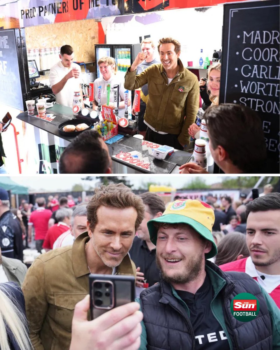 TheSunFootball's tweet photo. Ryan Reynolds has been spotted serving drinks for the Wrexham faithful ahead of their potential promotion party. 😲

He really is a man of the people! 👏 https://t.co/QsrHyFKl3U