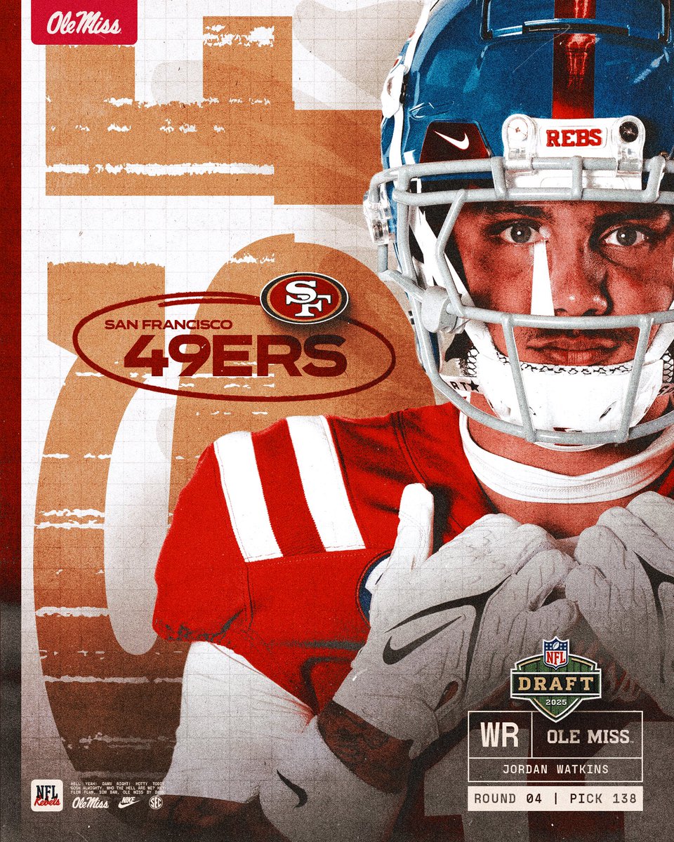 Ole Miss Football (@olemissfb) on Twitter photo The 'Sip ➡️ The Bay
Jordan Watkins is heading to the <a href="/49ers/">San Francisco 49ers</a>‼️
Round 04 | Pick 138
#HottyToddy x #FTTB The 'Sip ➡️ The Bay
Jordan Watkins is heading to the <a href="/49ers/">San Francisco 49ers</a>‼️
Round 04 | Pick 138
#HottyToddy x #FTTB