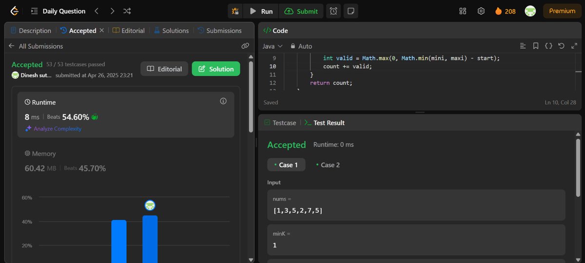 Dinesh12839101's tweet image. LeetCode Daily ✅
2444. Count Subarrays With Fixed Bounds – sliding window using last-seen indices of minK/maxK to count valid subarrays.
🔗 github.com/dineshsuthar12…

#LeetCode #Java #SlidingWindow #CodingChallenge