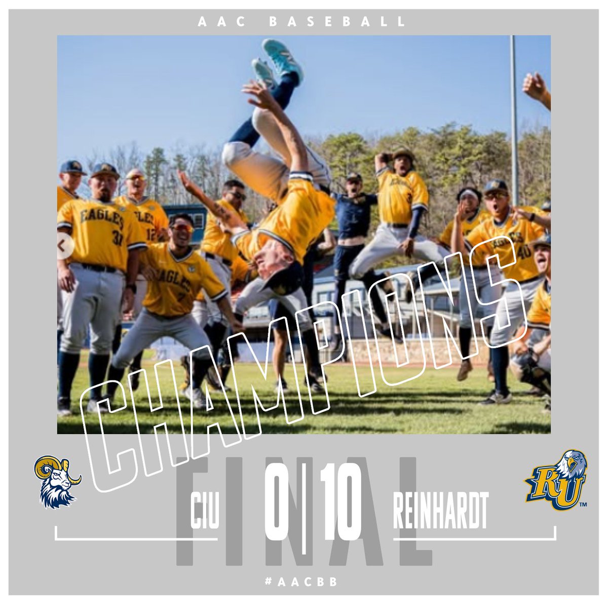 ⚾️ FINAL

<a href="/RUBaseballAAC/">Reinhardt University Baseball</a> closed out their series with CIU with a 10-0 win to lock up the 2025 #AACBB Regular-Season Championship!

Reinhardt went 24-6 in AAC to claim back-to-back, regular-season titles

RU will be the No. 1 seed in the <a href="/WinWonTech/">WinWon</a> AAC Tournament

#NAIABaseball