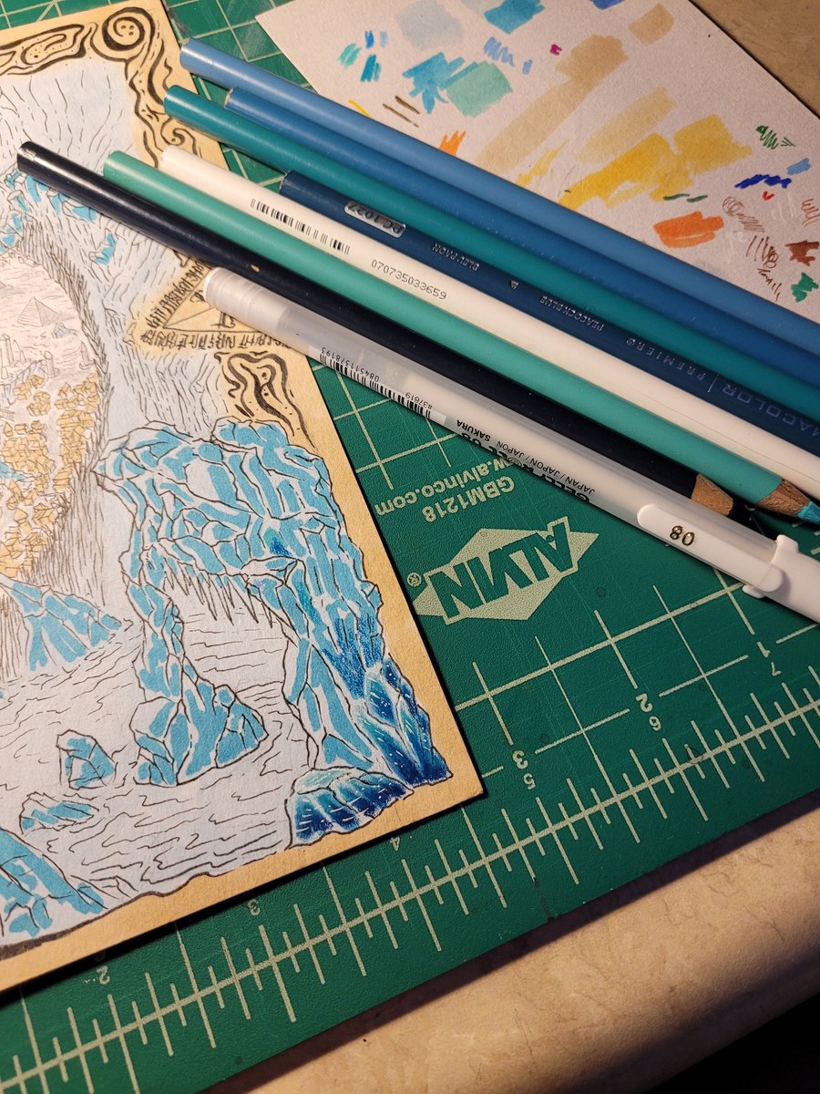 DMValterink's tweet image. All the colors I need to render the ice on this map frame 🤯
#wip #ttrpg #osr #dnd #fantasymap
