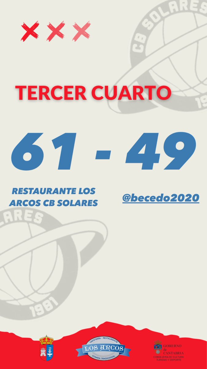 Baloncesto Solares (@cbsolares) on Twitter photo 🏀| JORNADA 26
🕢Final tercer cuarto
Restaurante Los Arcos CB Solares 6️⃣1️⃣➖4️⃣9️⃣ <a href="/Becedo2020/">🏀 C.D. Becedo Santander</a>
#TodoalRojo #TerceraFeb 🏀| JORNADA 26
🕢Final tercer cuarto
Restaurante Los Arcos CB Solares 6️⃣1️⃣➖4️⃣9️⃣ <a href="/Becedo2020/">🏀 C.D. Becedo Santander</a>
#TodoalRojo #TerceraFeb