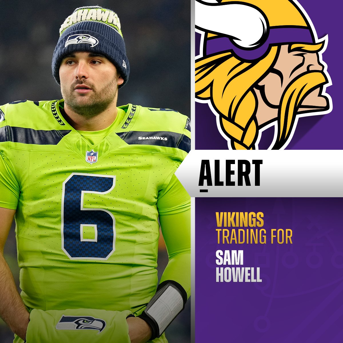 NFL's tweet image. Seahawks trading QB Sam Howell to Vikings, Seahawks and Vikings swaps picks 142 and 172. (via @rapsheet)