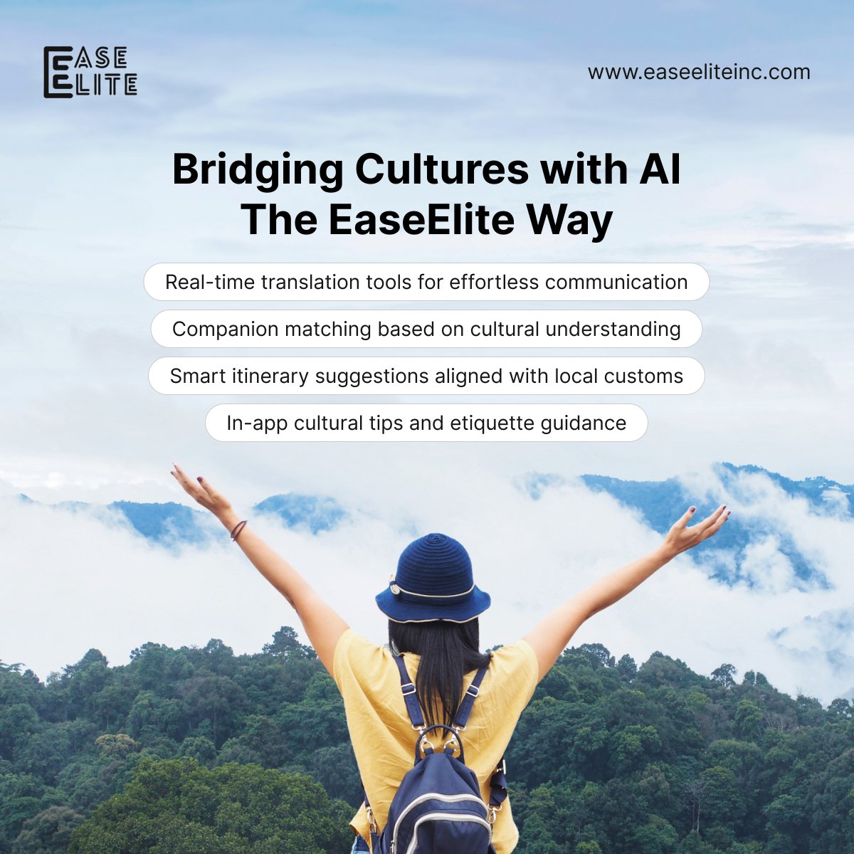 ease_elite's tweet image. Exploring new cultures shouldn’t come with confusion or discomfort. EaseElite uses cutting-edge AI to help travelers navigate language barriers, cultural differences, and unfamiliar customs with ease. 
#CulturalIntelligence #SmartTravelTech #EaseEliteAI #GlobalExploration