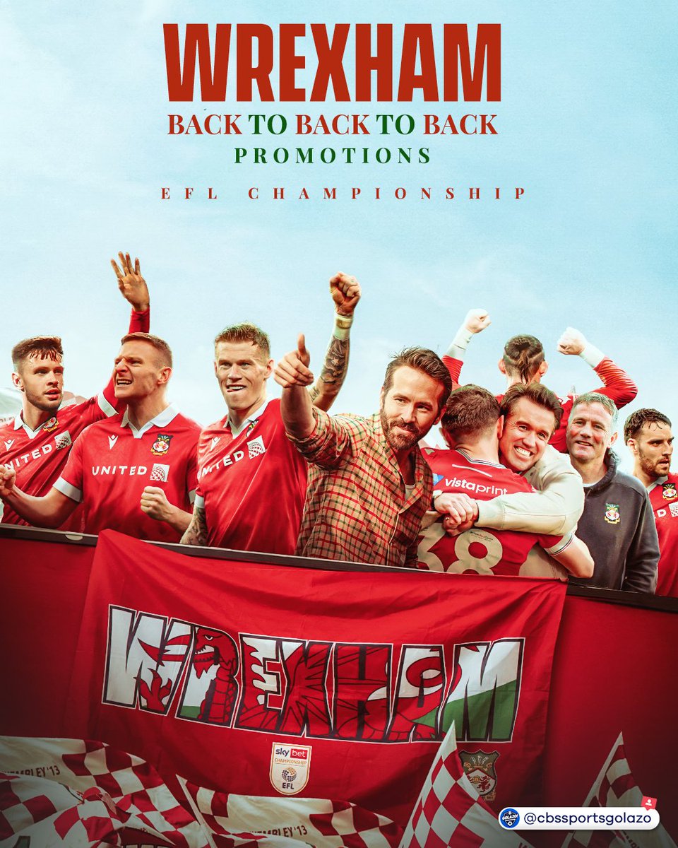 CBSSportsGolazo's tweet image. WREXHAM ARE THE FIRST CLUB IN HISTORY OF ENGLAND'S TOP FIVE FOOTBALL DIVISIONS TO ACHIEVE BACK-TO-BACK-TO-BACK PROMOTIONS 🆙

The Red Dragons are EFL Championship bound 😤