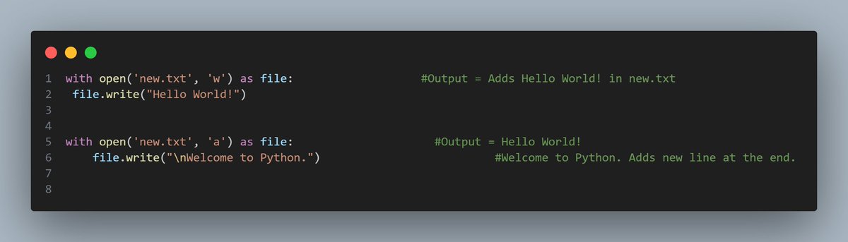 Pythonic_Sumit's tweet image. Day - 17
Today I about write().
The write() function writes a string to a file.
When using modes like &apos;w&apos;, &apos;a&apos;, &apos;w+&apos;, or &apos;a+&apos;, Python automatically creates the file if it doesn’t exist.
In &apos;w&apos; mode, if the file already exists, it deletes old content before writing new data.