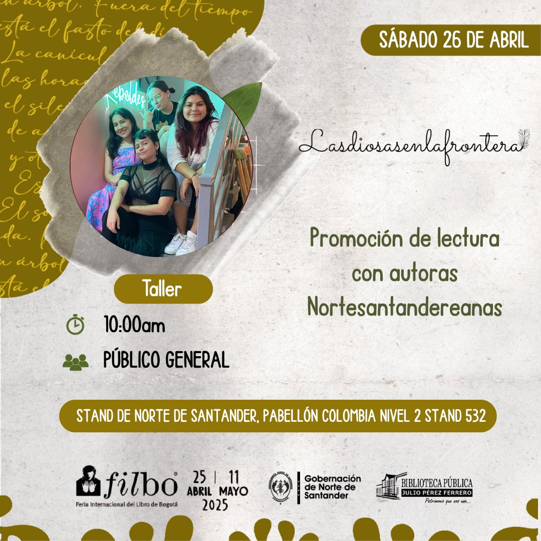 ¡Hoy, Norte de Santander es protagonista en la #FILBo2025!

Te esperamos hoy 26 de abril en el Pabellón Colombia, nivel 2, stand 532, para disfrutar de una programación llena de cultura, literatura y talento regional.