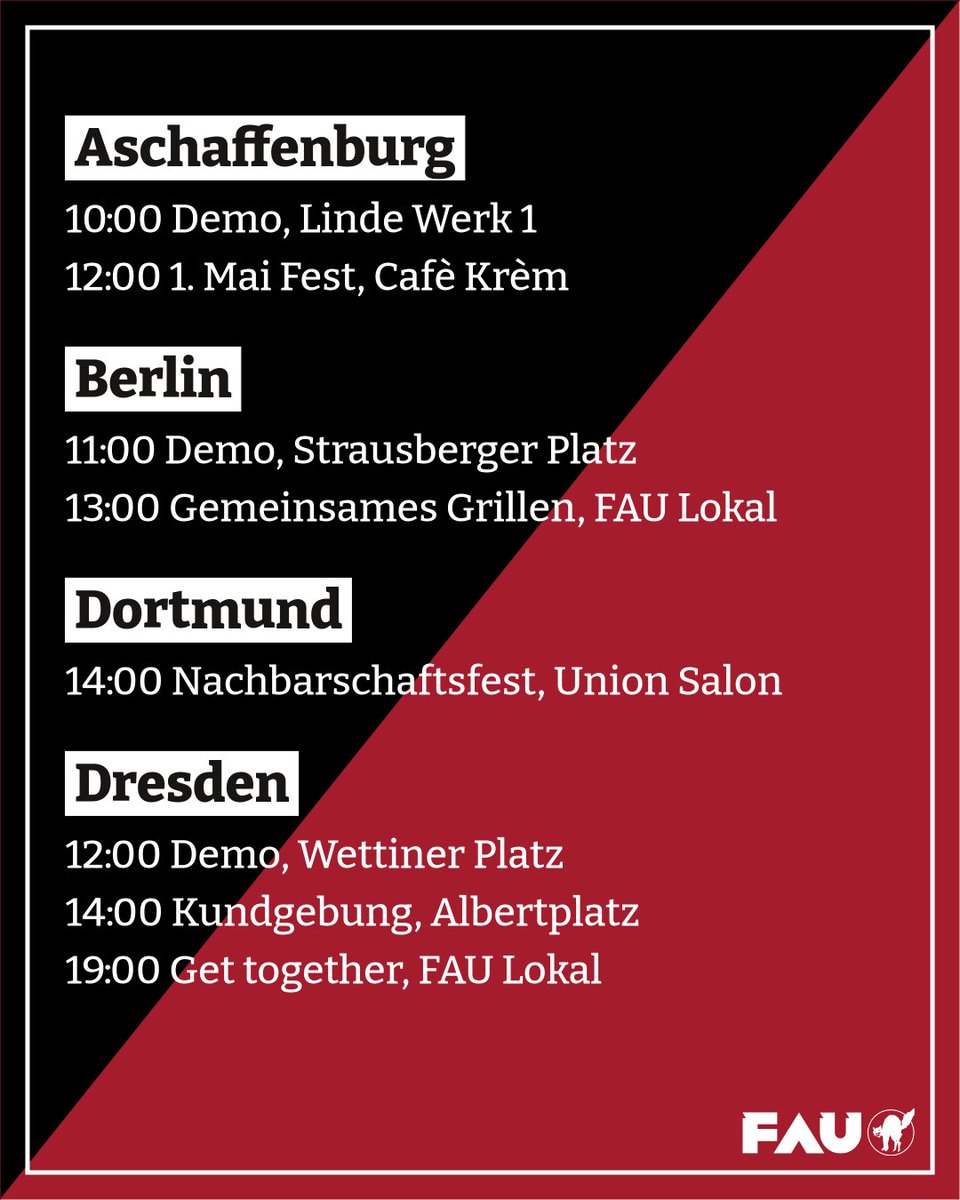 FAUGewerkschaft's tweet photo. Zum 1. Mai rufen die Syndikate der FAU in vielen Städten zu Demonstrationen und Aktionen auf. Hier ist ein Überblick, wo ihr uns am 1. Mai findet.

#GlobalMayDay2025 #1world1struggle https://t.co/sZ2MuLsXvp