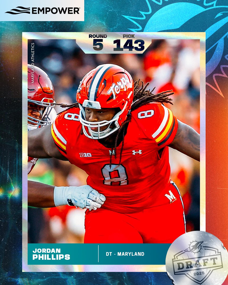 MiamiDolphins's tweet image. More power on the D-line 💪
With the 143rd pick in the #NFLDraft, we have selected DT Jordan Phillips from @TerpsFootball.