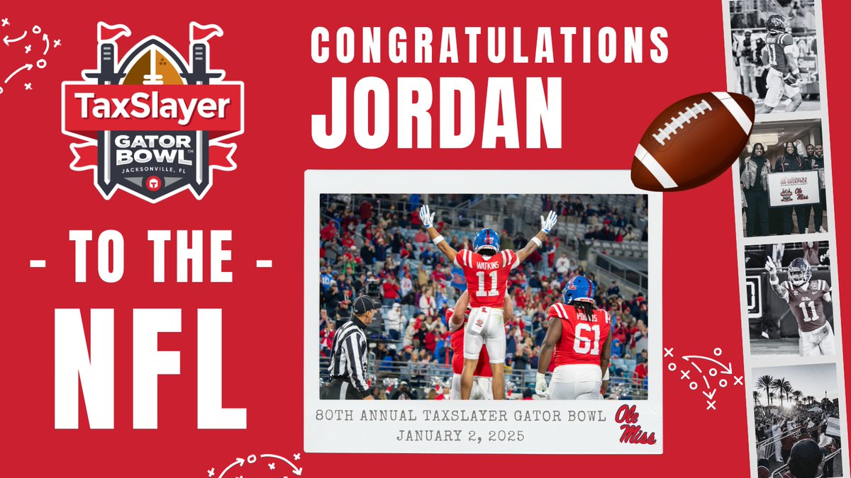 taxslayerbowl's tweet photo. Rounding out Round 4 of the 2025 #NFLDraft is @OleMissFB & TaxSlayer Gator Bowl alum, Jordan Watkins! π
Congrats Jordan, best of luck on your future with the @49ers, #SlayIt!
#TSGBtoNFL https://t.co/vF9fTkHgLX