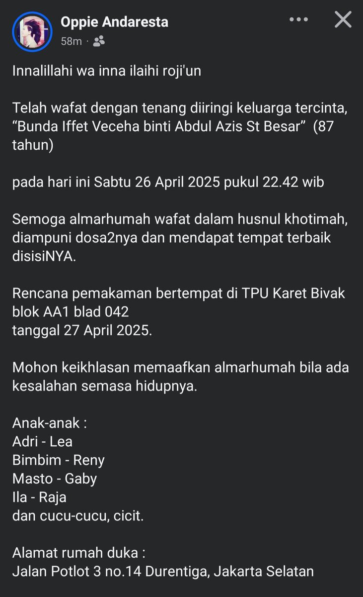 إِنَّا للهِ وَإِنَّـا إِلَيْهِ رَاجِعونَ
Inna lillahi wa inna ilayhi roji'un
(Sesungguhnya kita milik Allah, dan kepadaNya-lah kita akan kembali)
.
.
اَللَّهُمَّ اغْفِرْ لَهَا وَارْحَمْهَا وَعَافِهَا وَاعْفُ عَنْهَا
Allahummaghfirla-ha warham-ha wa 'aafi-ha wa'fu 'an-ha