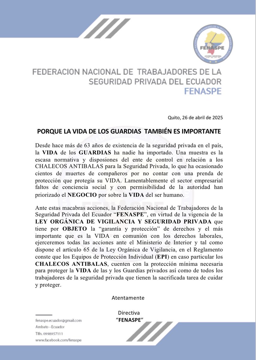 🔴🔴🔴
#ATENCION 
“LA VIDA DE NOSOTROS LOS GUARDIAS ES TAN VALIOSA COMO LA DE QUIENES PROTEGEMOS”👮‍♀️💓👩‍❤️‍👨
Los #ChalecosAntibalas q utilizamos los #Guardias NO CUMPLEN con los niveles minimos d protección necesarios⚠️🔫 
Ante esto⬇️
<a href="/MinInteriorEc/">Ministerio del Interior Ecuador 🇪🇨</a> 
<a href="/JhonReimberg0k/">John Reimberg</a> 
<a href="/PoliciaEcuador/">Policía Ecuador</a>
