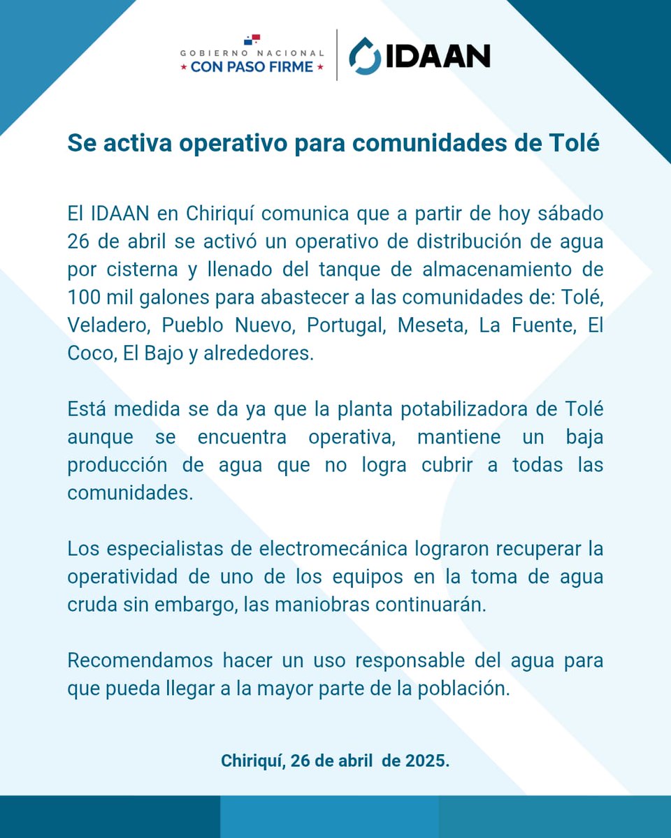 IDAANinforma's tweet image. 📍Chiriquí: 📢 ¡Estamos en acción, Tolé!
Activamos operativo especial 🚛💧para llevar agua a las comunidades afectadas por la baja producción en la planta.
Conoce los detalles y recuerda hacer un uso responsable. ♻️
#SomosIDAAN
#SomosAgua