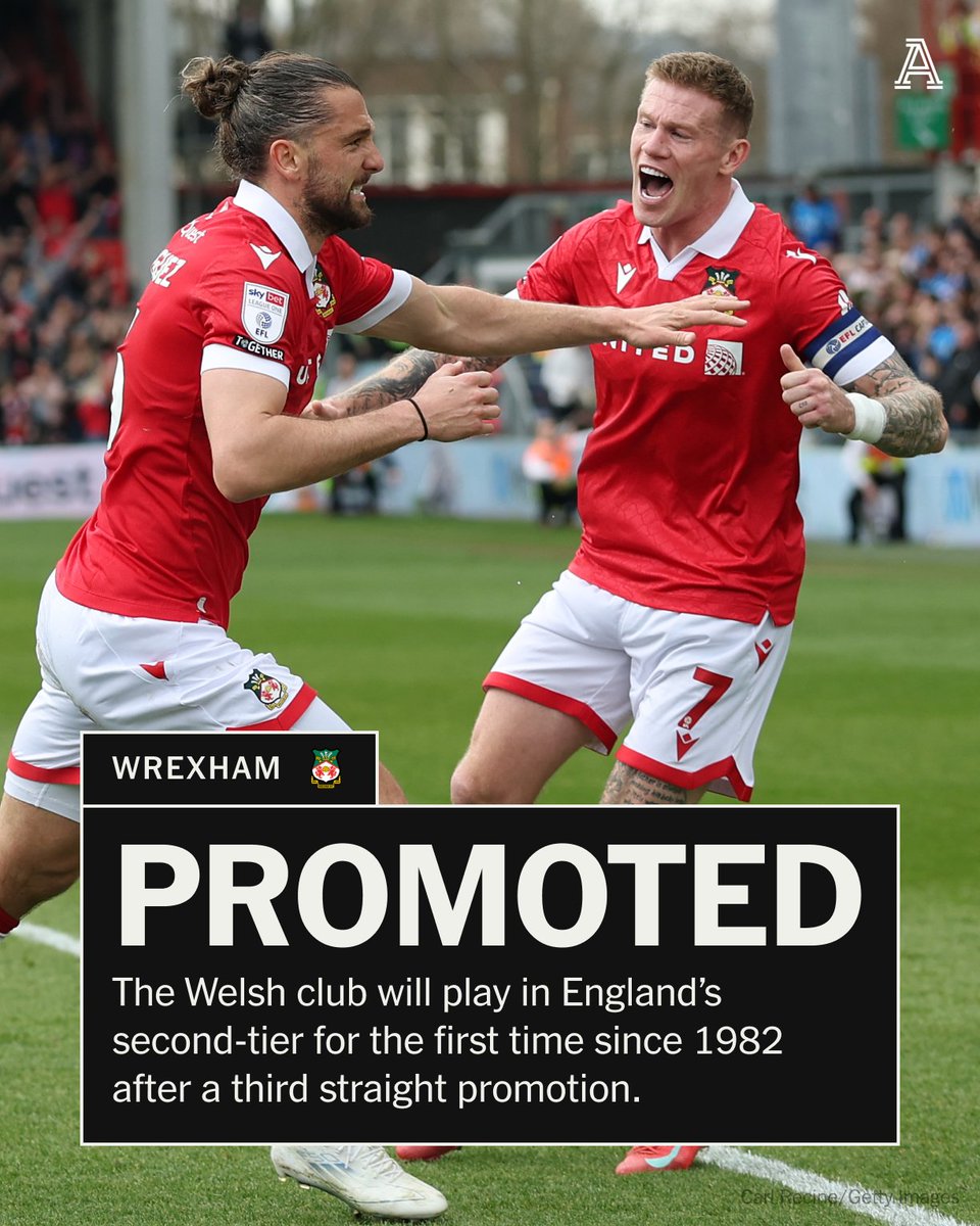 TheAthleticFC's tweet photo. Wrexham make history by becoming the first club to win three promotions in a row to go from non-League to the Championship. https://t.co/HClKNIjcDN