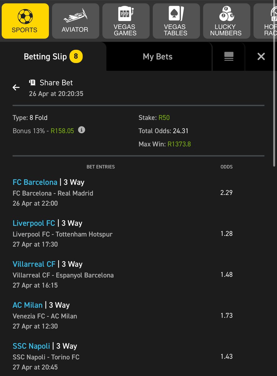 1/3 | 24 odds on <a href="/Easybet_SA/">Easybet South Africa</a> 

🔑 Bet slip code 👉🏽 03-193785

Copy my bet slip here: easybet.co.za/sports?bookedB…

Not yet on Easybet? 

Sign up using my promo code
👉🏽 GURRU50 to get a R50 Sign up bonus + 25 bonus spins 

Join here 👉🏽 ebpartners.click/o/C3eXSx 

18 + | T&amp;CS Apply