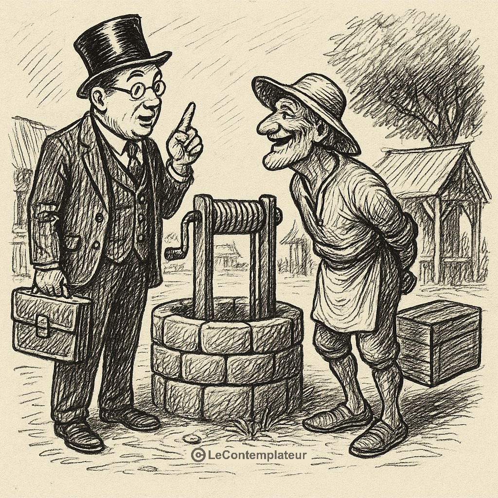 Un avocat vend un puits à un vieux professeur à la retraite.

Deux jours plus tard, il revient et déclare : « Je vous ai vendu le puits, mais pas l’eau. Si vous souhaitez l’utiliser, il faudra payer un supplément. »

Le professeur, avec un léger sourire, lui répond : « Justement,