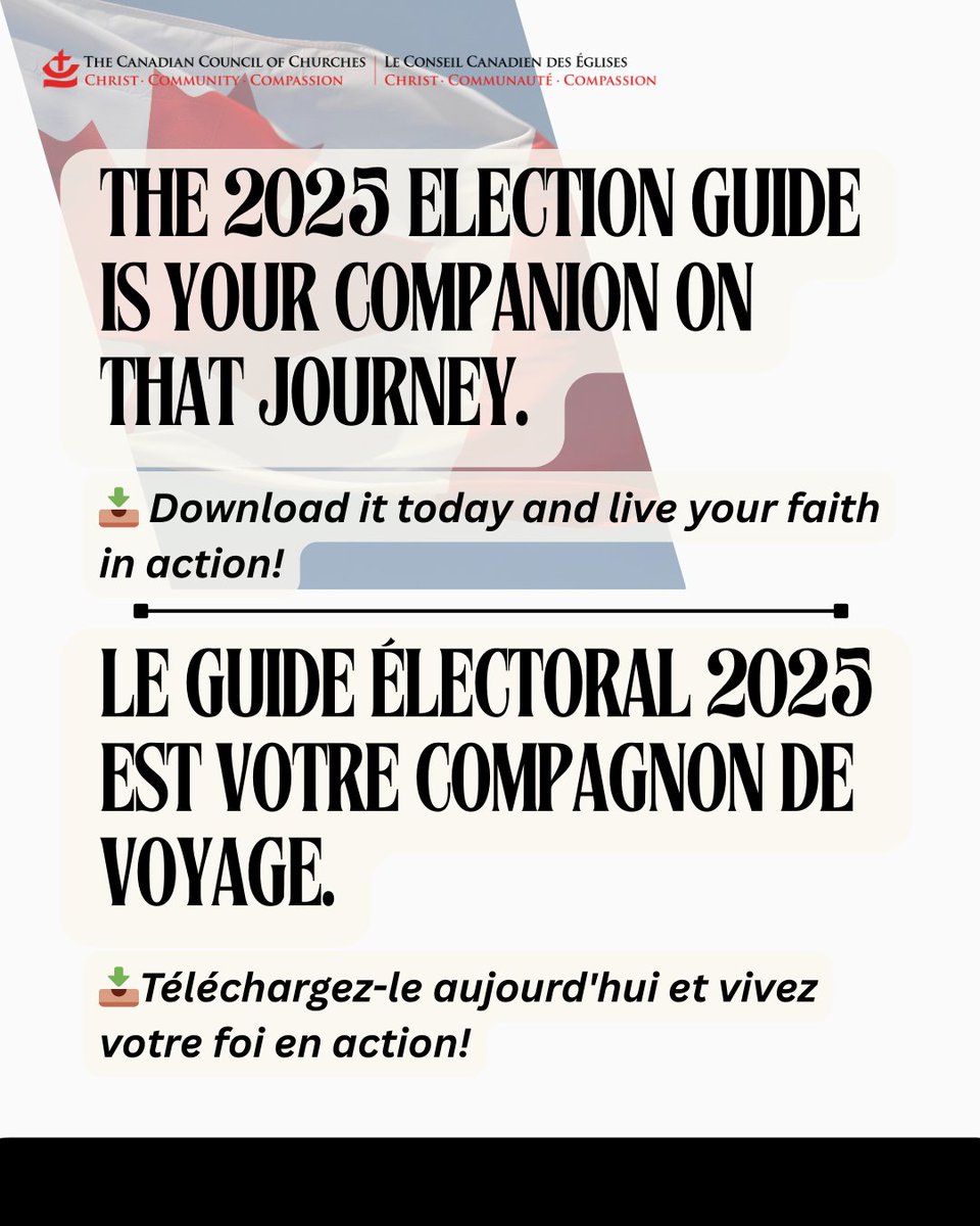 Alors que les élections fédérales de 2025 auront lieu dans deux jours, le Conseil vous invite à vivre votre foi en action. 📥 Téléchargez le Guide des élections aujourd'hui!
#FoiEnAction #VotezFidelement #Election2025 #EvangileDansLaViePublique #ConseilCanadienDesEglises
