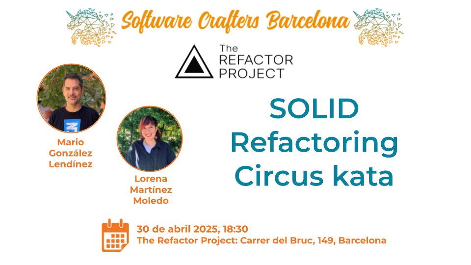 🦄 Software Crafters BCN 📅 24-25 de octubre 2025 (@bcnswcraft) on Twitter photo Este mes de abril lo cerramos con nuestro cuarto coding dojo del año en <a href="/refactorproject/">The Refactor Project</a> 💥
📅 30 de abril 2025, 18:30
📍 Carrer del Bruc, 149, Barcelona
🥋 SOLID Refactoring Circus kata
📎 +Info & RSVP: meetup.com/software-craft…
¡Nos vemos allí! 👋 Este mes de abril lo cerramos con nuestro cuarto coding dojo del año en <a href="/refactorproject/">The Refactor Project</a> 💥
📅 30 de abril 2025, 18:30
📍 Carrer del Bruc, 149, Barcelona
🥋 SOLID Refactoring Circus kata
📎 +Info & RSVP: meetup.com/software-craft…
¡Nos vemos allí! 👋